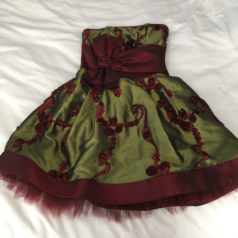 Vintage Jessica McClintock Strapless Olive & Burgundy Party Dress, size 2 - Picture 9 of 13